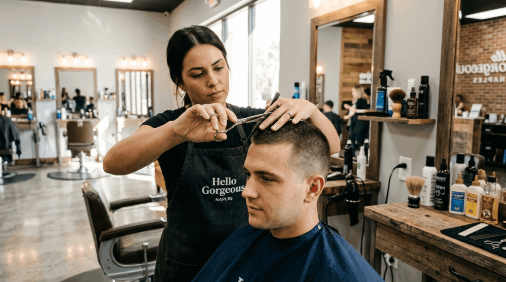 A female hairstylist cutting and styling a man's hair in a salon.