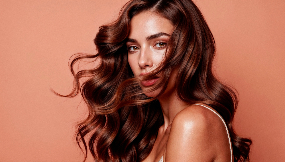 A woman with wavy brown hair on a peachy background, looking at the camera.
