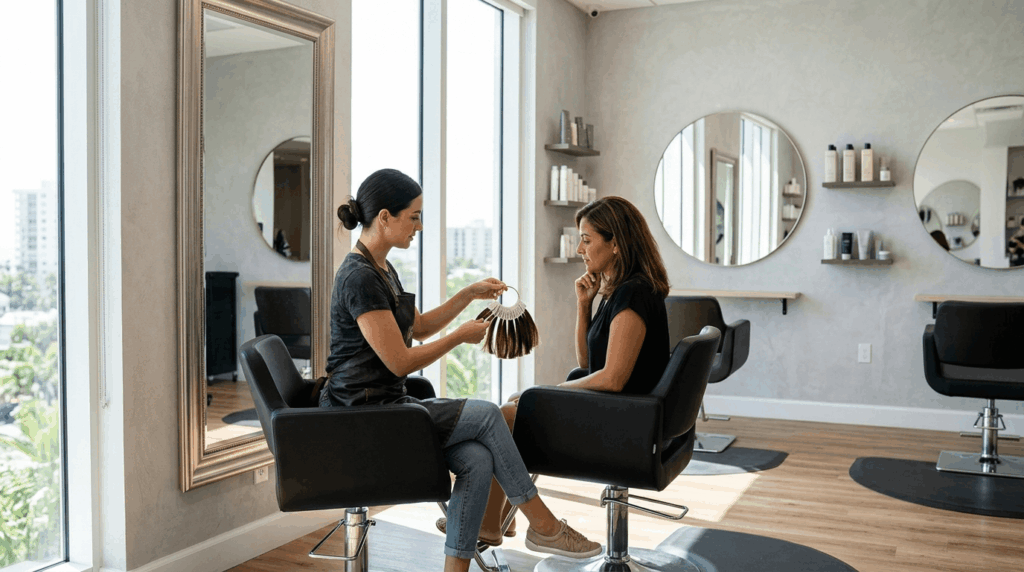 Two women sitting in hair salon chairs discussing brown hair color shades.