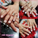 A three photo collage showing the before and after of a french-tip nail manicure.