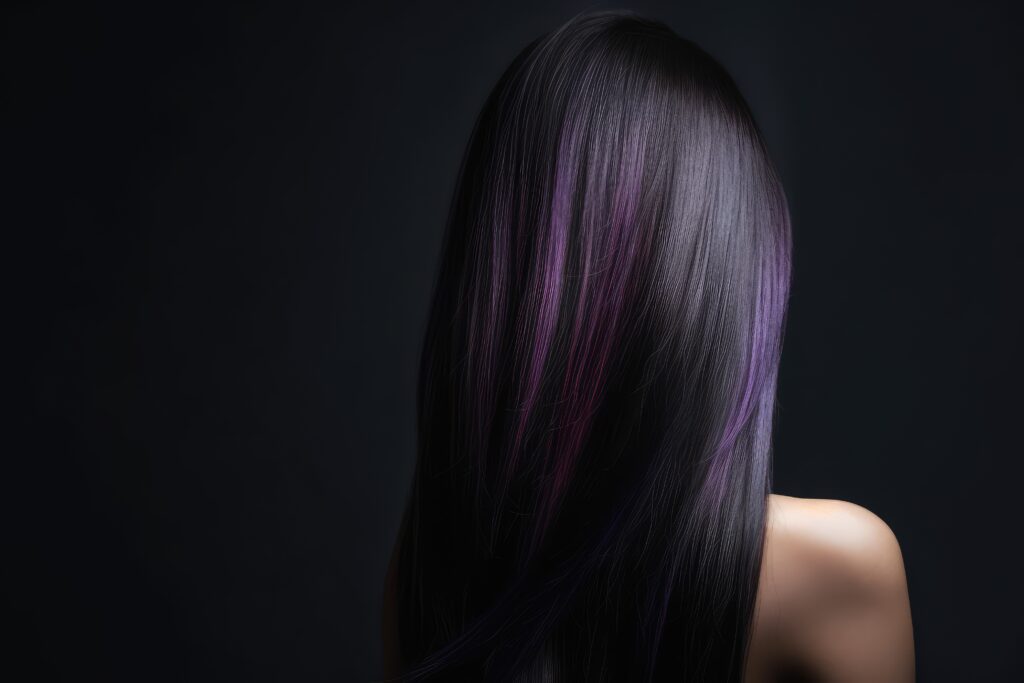 The back of a woman's black hair with purple highlights.